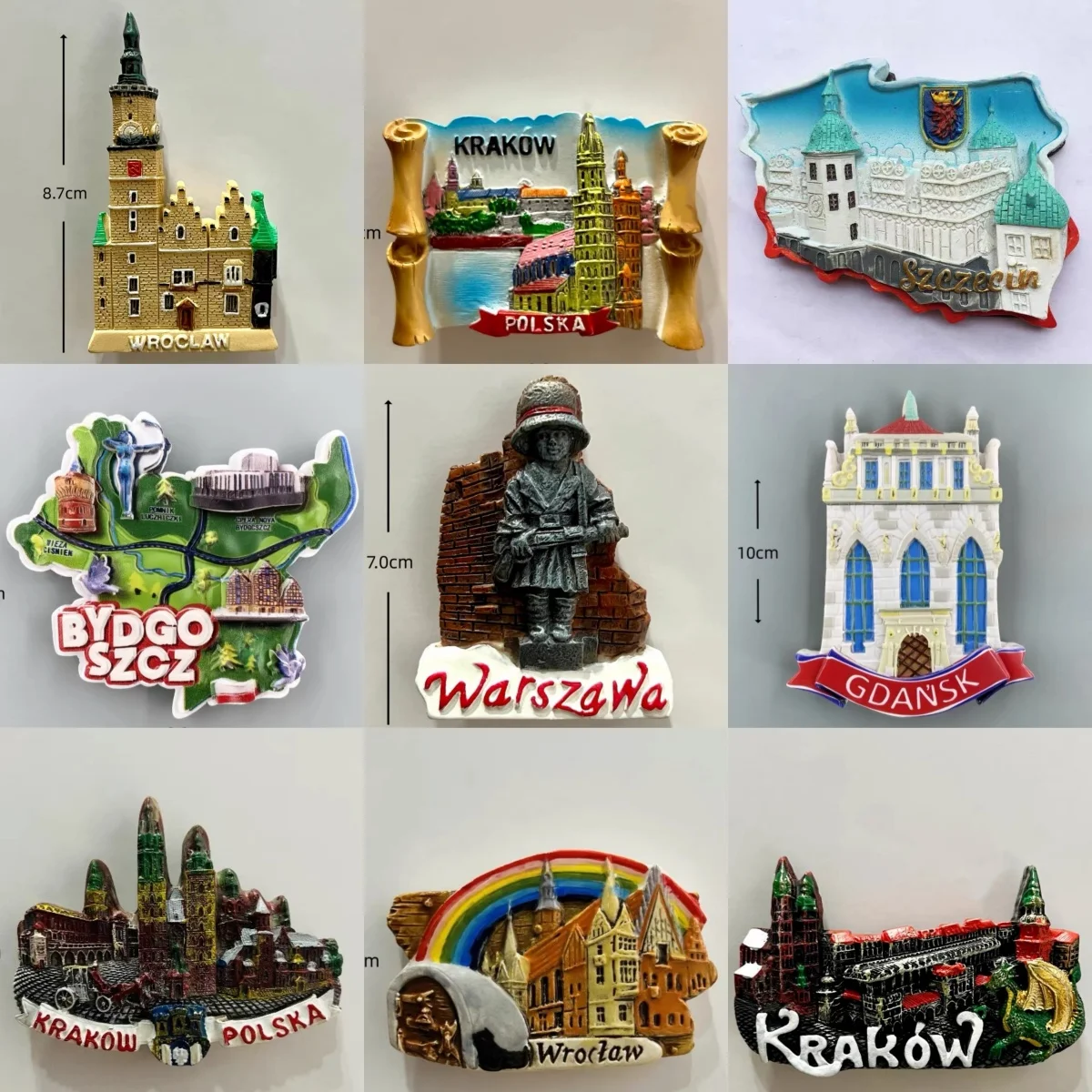 Imã de Geladeira 3D de Cidades da Polônia - Wroclaw, Krakow, Gdansk, Szczecin, Bydgoszcz, Varsóvia - Presente Souvenir
