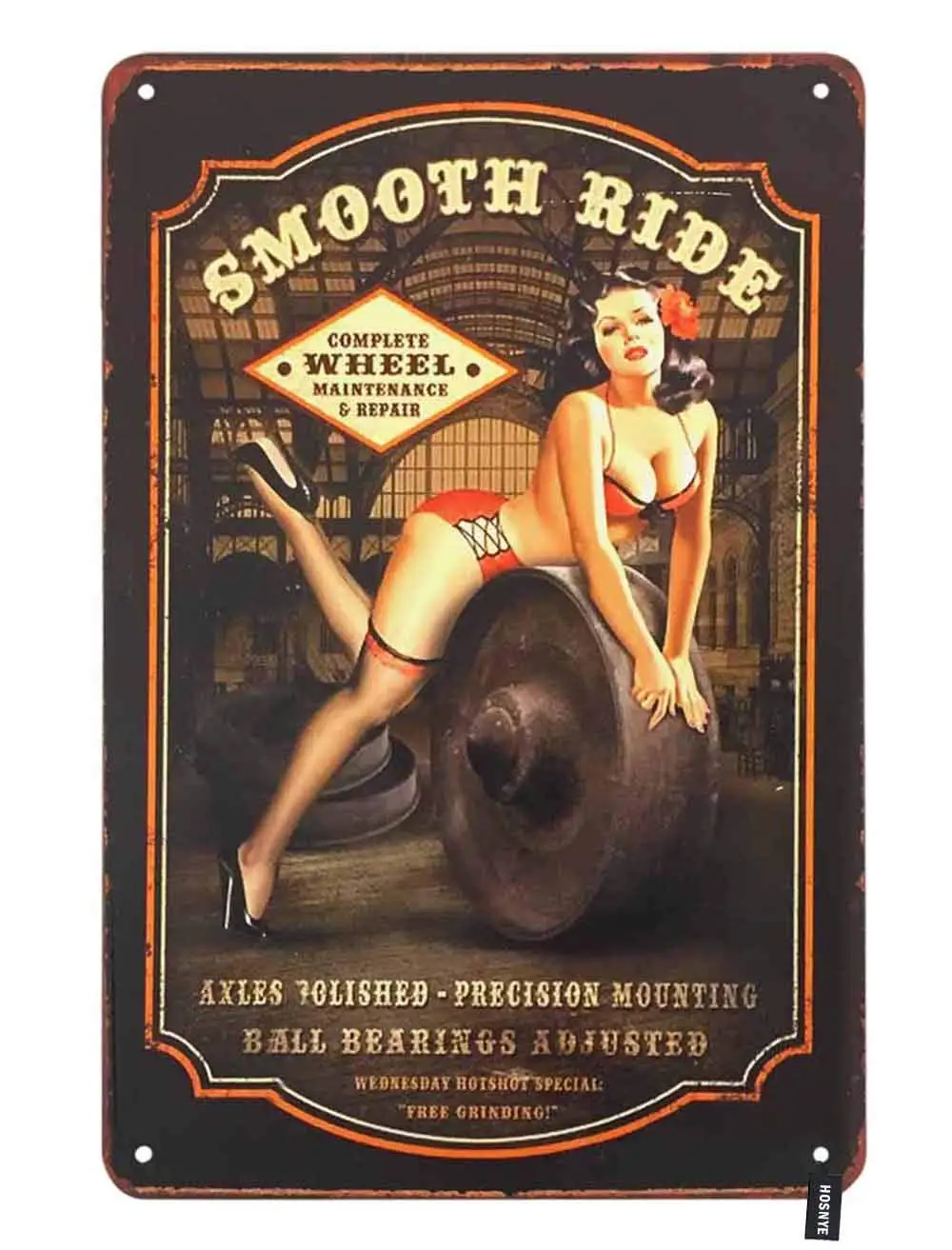 HOSNYE Smooth Ride Wheel Pin Up Girl Tin Sign Sexy Woman Lie Down The Wheels Vintage Metal Tin Signs for Men Women Wall Art sign