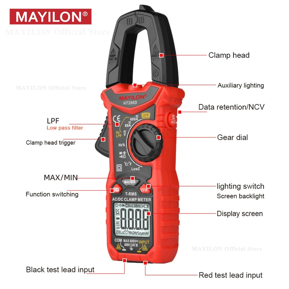 MAYILON HT206A HT206B HT206D 600A Digital Clamp Meter for Measuring AC/DC Voltage Current NCV Temperature Voltmeter Multimeter