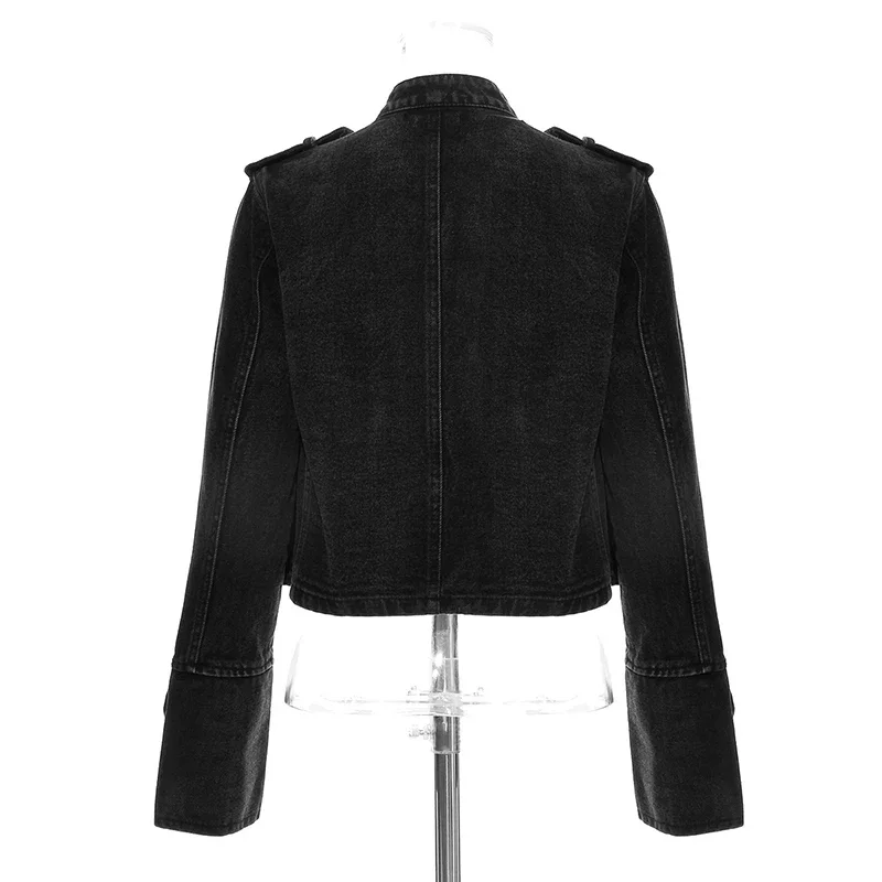 Streetwear Casual Loose Button Split Short Denim Jacket Dámská móda Jaro Podzim 2025 Stojáček s dlouhým rukávem Džínová bunda - náhled 3