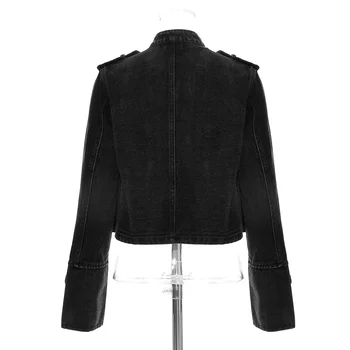 Women’s Casual Cropped Denim Jacket 3 Streetwear Casual Loose Button Split Short Denim Jacket Women Fashion Spring Autumn 2026 Stand Collar Long Sleeve Jean Jacket 3