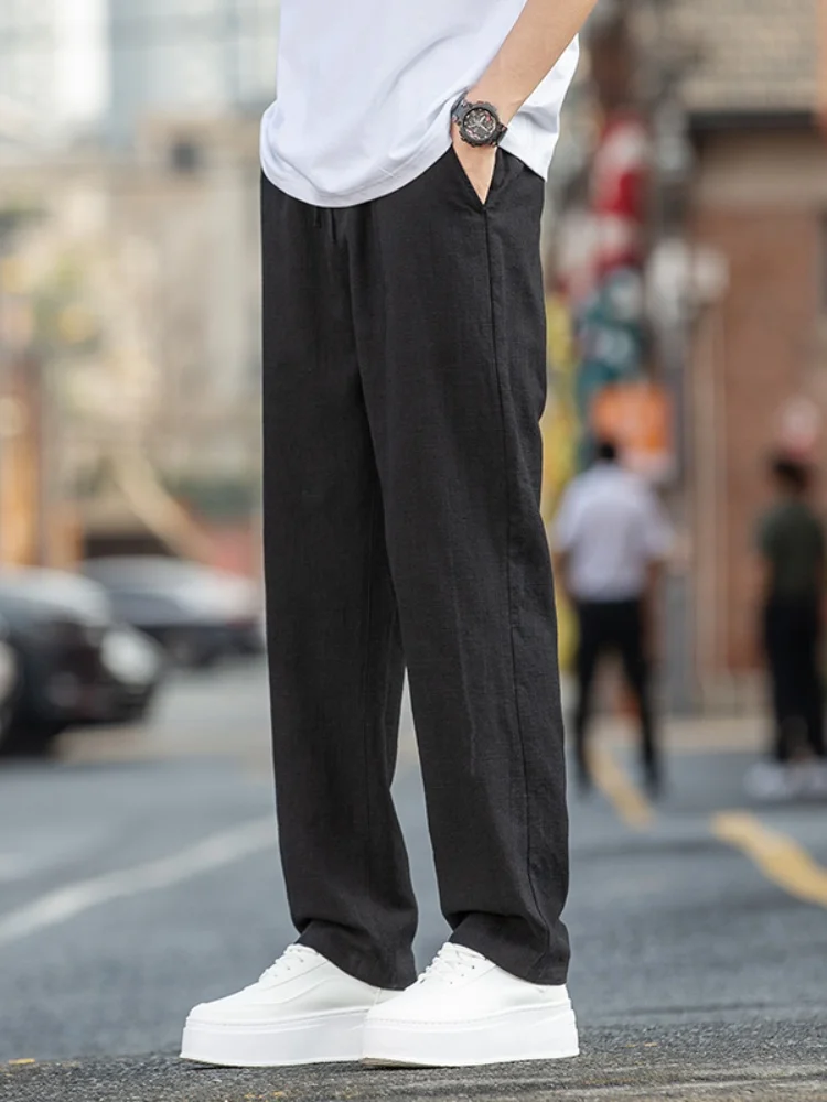 

Летние тонкие широкие брюки из хлопка и льна, свободные, струящиеся, мужские прямые брюки-трубы, дышащие, легкие