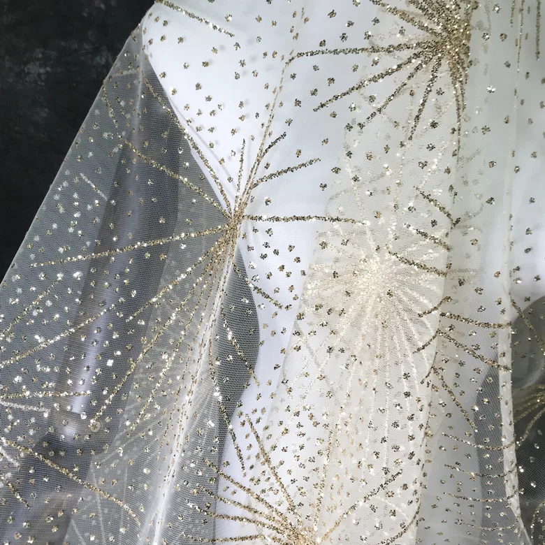Foil Stamping golden sequin mesh fabric firework pattern sewing wedding dress and evening gown, stage performance fabric