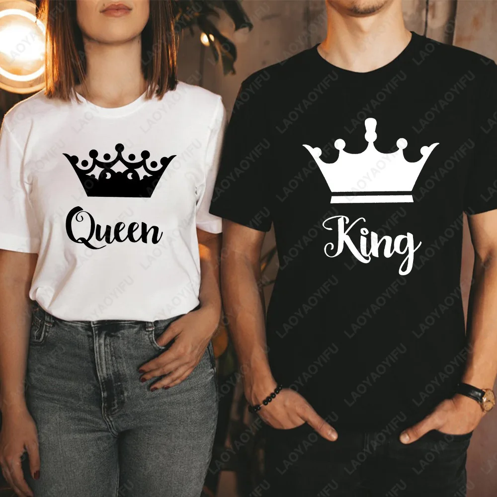 

Summer Hot sale Lover Couples Cotton Shirt King Queen Printing Harajuku Womens Tops Crown Printing Couple Clothes Women Man Tops