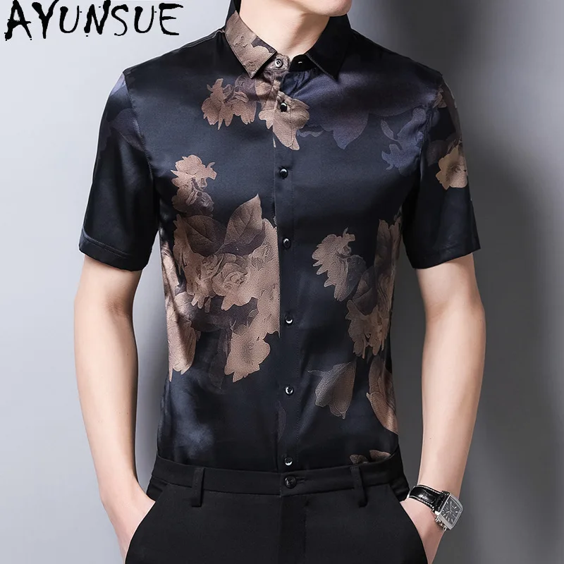 AYUNSUE 92.4% Mulberry Silk Short Sleeve Shirt Man Summer Clothing Korean Fashion Men's Floral Shirts High-end Satin Shirt 와이셔츠