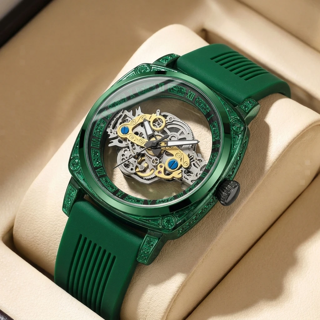 1 Stück Vintage grüne mechanische Uhr mit Hohldesign, personalisiertes trendiges Design, stilvoll und vielseitig