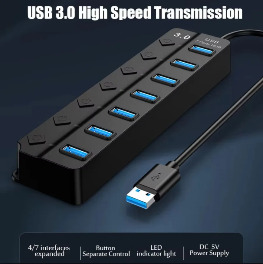 7 Ports USB3.0 HUB Splitter 5Gbps High Speed Data Transfer USB2.0 Multiple HUB Adapter with Individual Switches and LED Lights