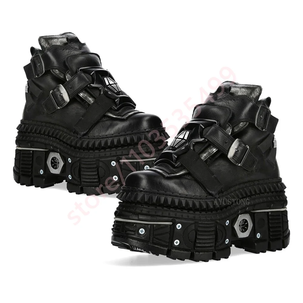 

New Punk Thick Sole Rivet Ankle Boots 2025 Round Street Rock Belt Buckle Motorcycle Boots 35-45 Fashion Sports Casual Short Boot