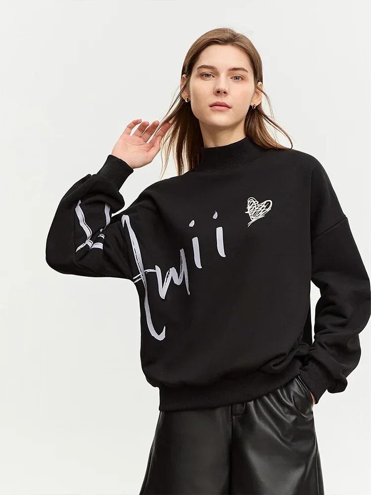 AMII Minimalist Lamb Fleece Hoodie for Women Winter 2023 Loose Warm Base Shirt Letter Print Half High Collar Trendy Top 12424094