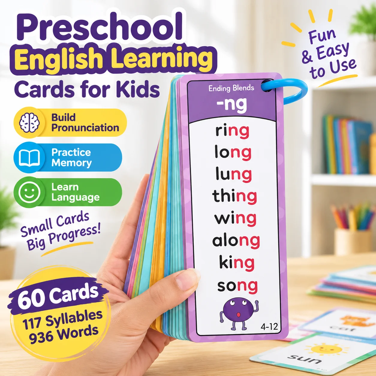 Preschool English Learning Cards for Kids Beginner Pronunciation Rules Practice Memory Language Study Portable
