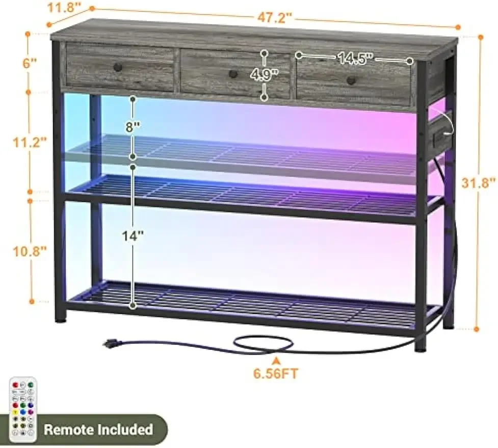 Entryway Table with RGB LED Lights, Entry Table with Storage Drawers, Sofa Tables Narrow Long for Living Room, Couch, Hallway