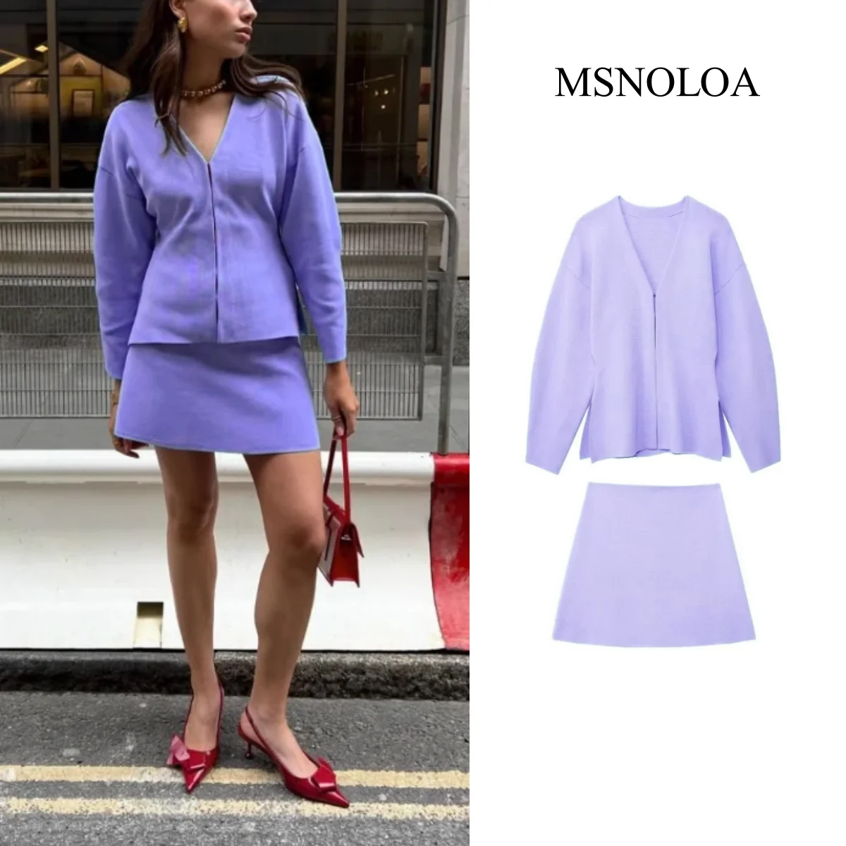 MSNOLOA Knit Jacket Skirt Suit Long Sleeves V-neck Vented Hem Cardigan Coat Elastic High Waist Knit A-line Mini Skirt Female Set