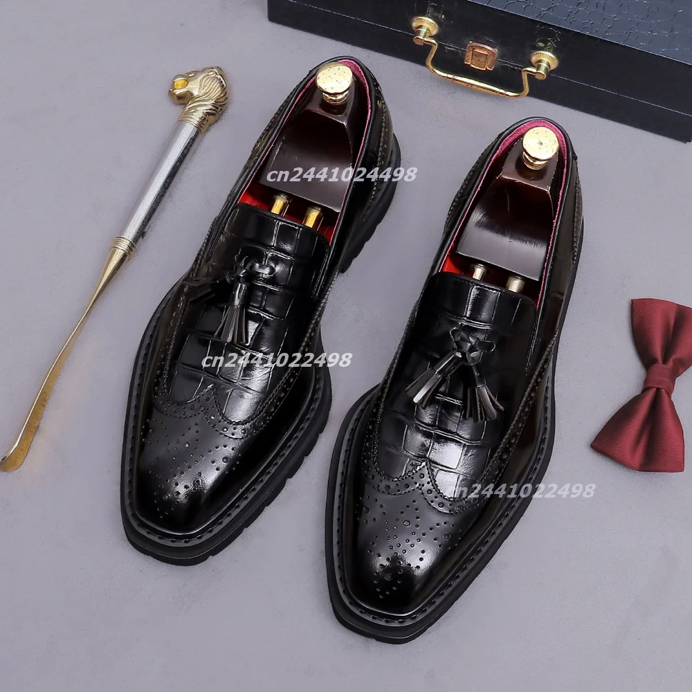 Tassel Decor Crocodile Grain Men Loafers, Square Toe Brogue Perforated Carving Chunky Thick Platform Formal Business Footwear