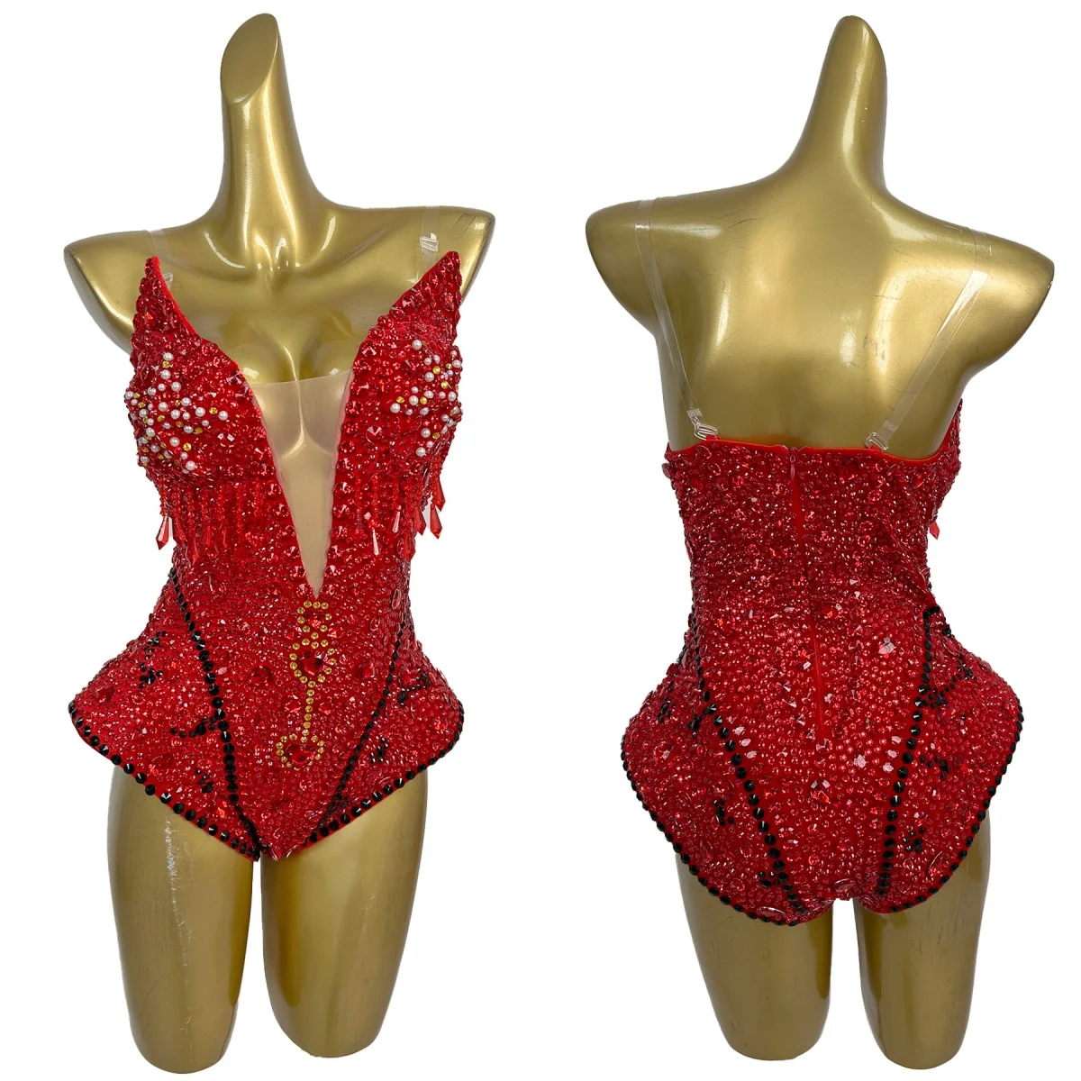 

Fashion Dance Troupe Showgirl Stage Performance Wear Sparkly Rhinestone Luxury Bodysuit Gloves Cowboy Hat 3Pieces Set Qianwan