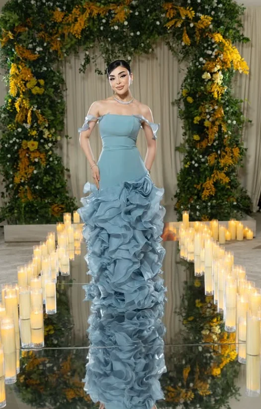 더스티 블루 롱 댄스 파티 드레스 오프 숄더 레이스 업 코르셋 맞춤형 프릴 스커트 이브닝 가운 복장 فساتين سهرات