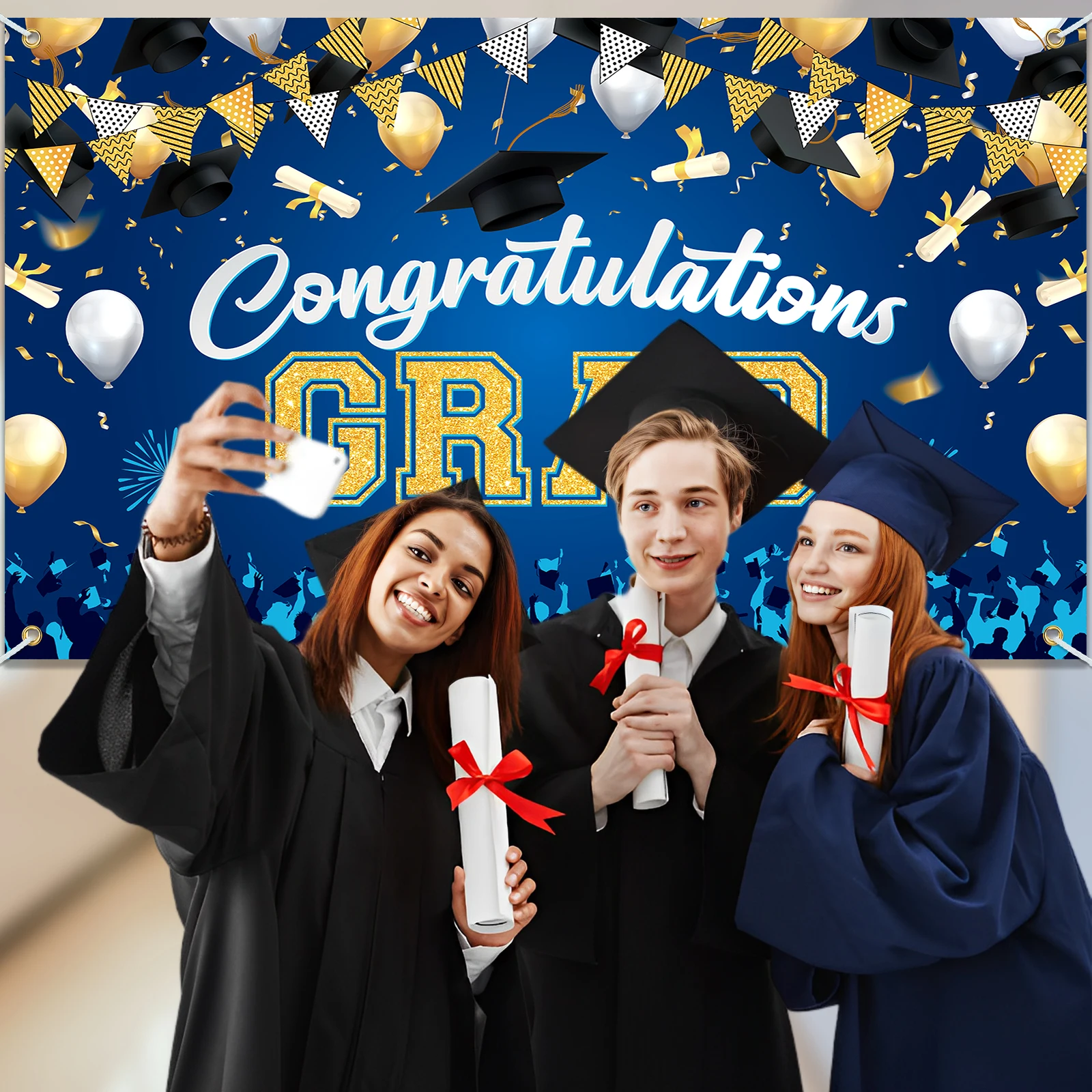 Congrats Grad Banner Backdrop Decor Set for Graduation Party Supplies Black and Gold Graduation Banner
