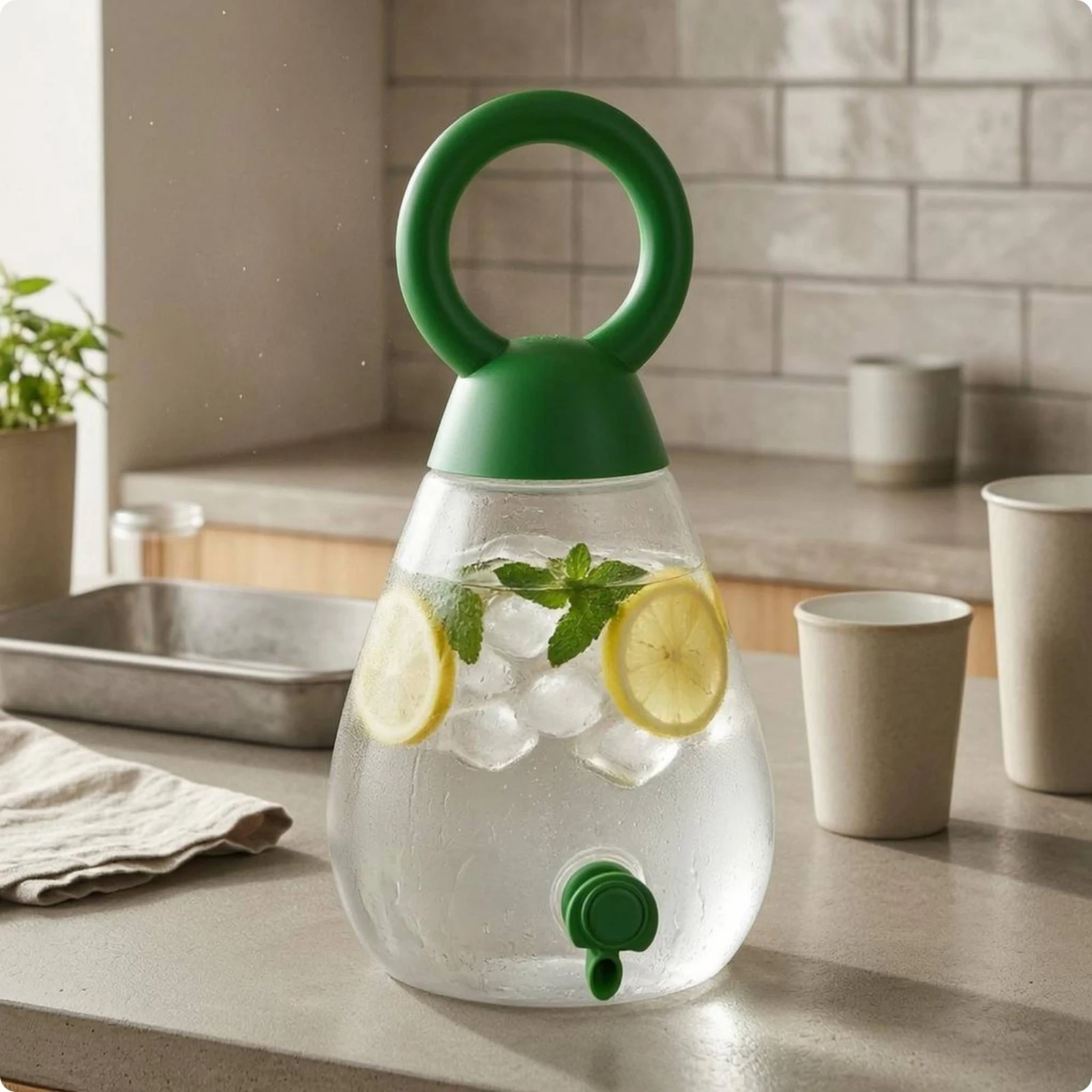 Teardrop Drink Dispenser Green Handle Iced Tea Pitcher Drinkware Large Capacity Kitchen Container Easy to Clean for Home Serving