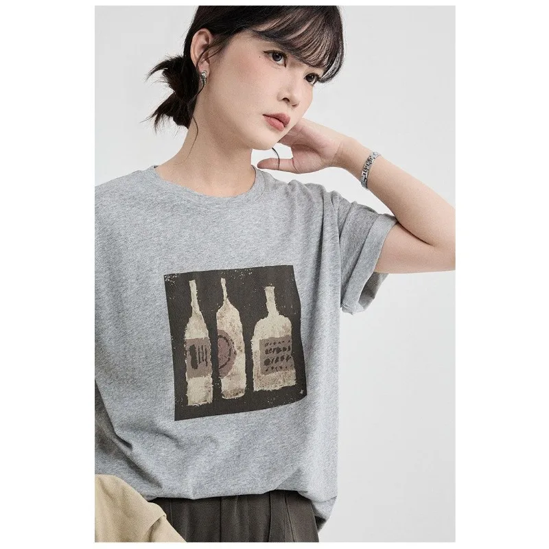 Women Loose Vintage Wine Bottle Print Crew Neck Short Sleeve T Shirt Casual Summer Tops