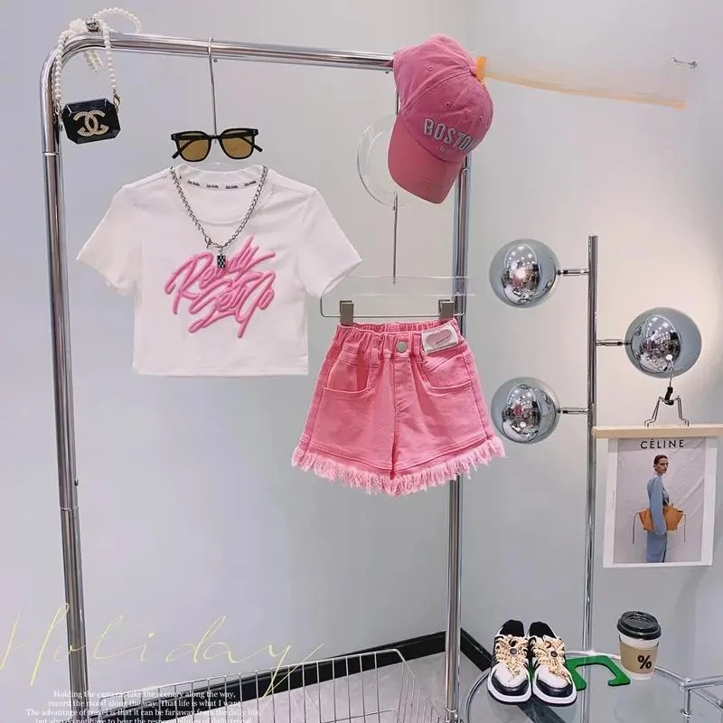 Children's Clothing Sets Monogram Print Short Sleeve + Denim Shorts Baby Girl Clothes 4 To 15 Years Baby Girl Outfit Set