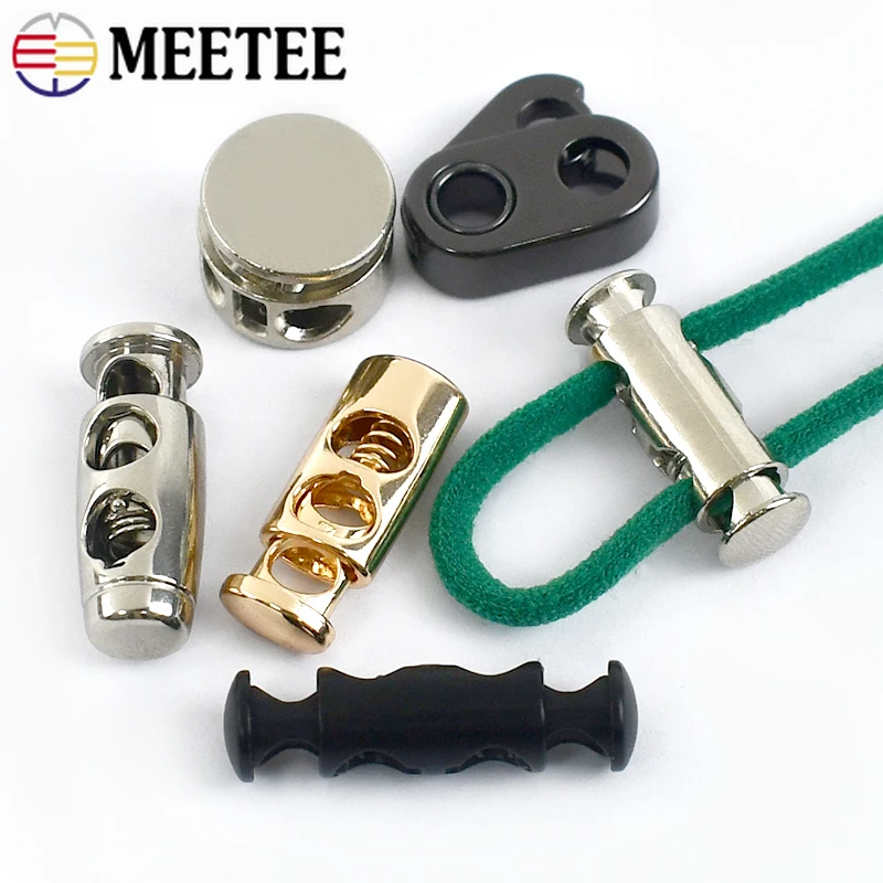 Meetee 10Pcs Metal Spring Stopper Buckle Cord Lock Double Hole Elastic Rope End Hang Button DIY Hat Stoppers Adjustment Clasp