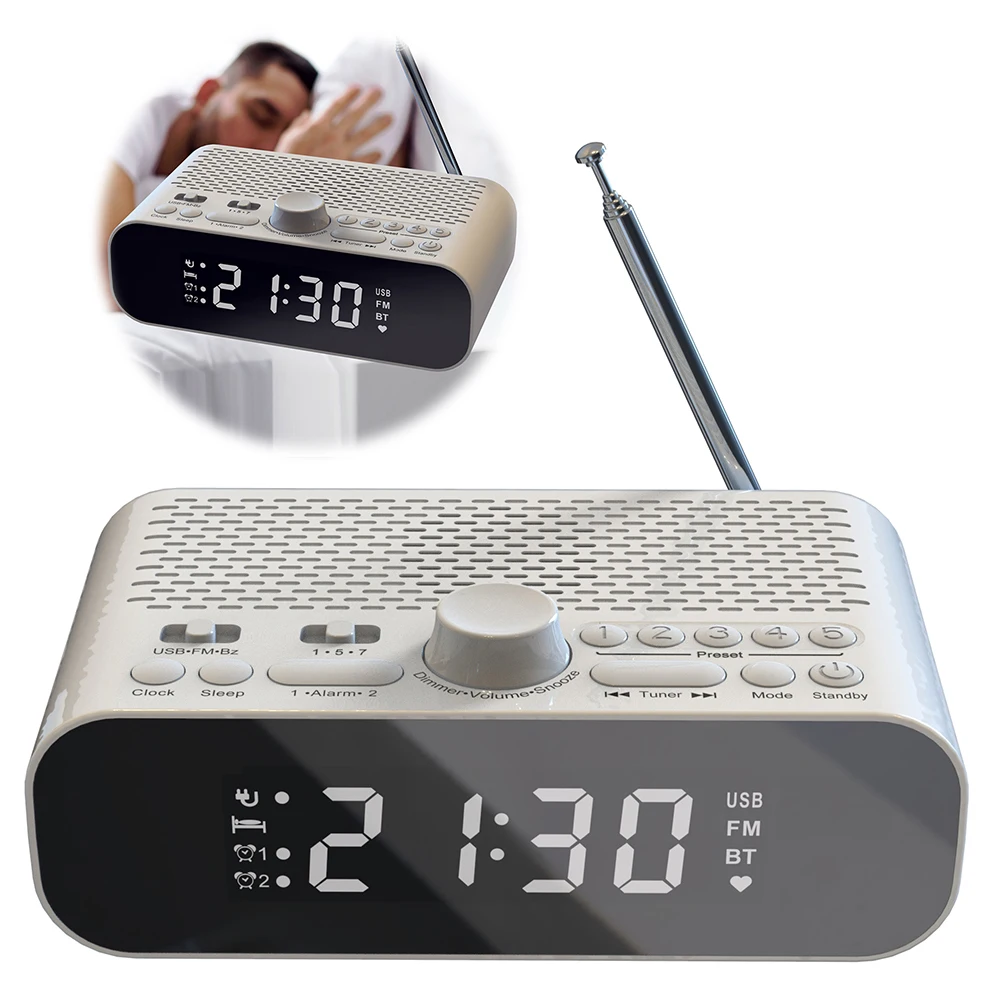 Portable FM Radio Bluetooth 5.0 Speaker MP3 Player with LED Digital Display Support U Disk Dual Alarm Clock Power-off Memory