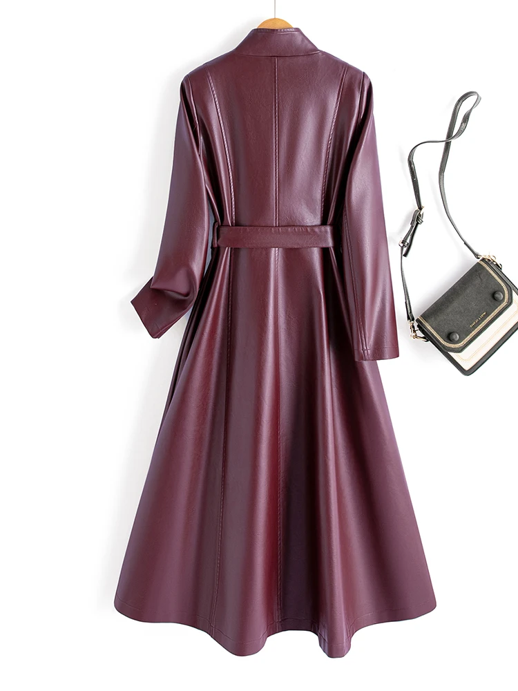 Manteau en cuir d'agneau véritable mi-long et ajusté pour femme, coupe-vent élégant, tendance mode 2024