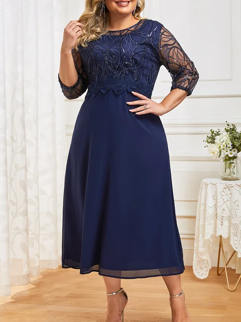 Plus size Damska sukienka oversize, szyfonowa patchwork, siatka z koralików, haftowana sukienka koktajlowa z dużym wyświetlaczem 9134254