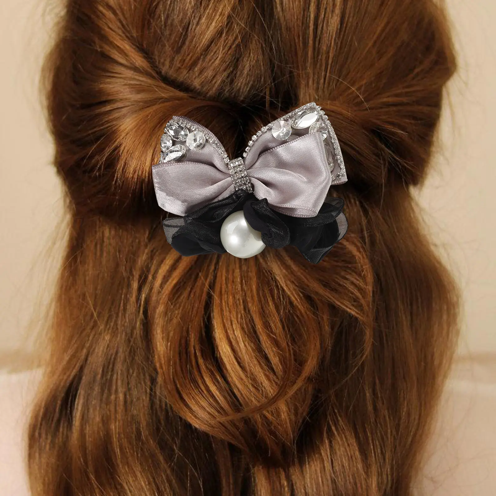 

3 шт. элегантных атласных резинок для волос с бантом, стразами и жемчугом для женщин - фиолетово-серые, для торжественных мероприятий, вечеринок и свадеб