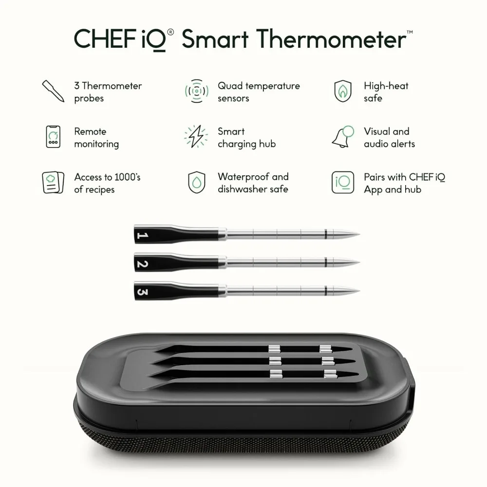 CHEF iQ Smart Wireless Meat Thermometer with 3 Ultra-Thin Probes, Unlimited Range Bluetooth Meat Thermometer