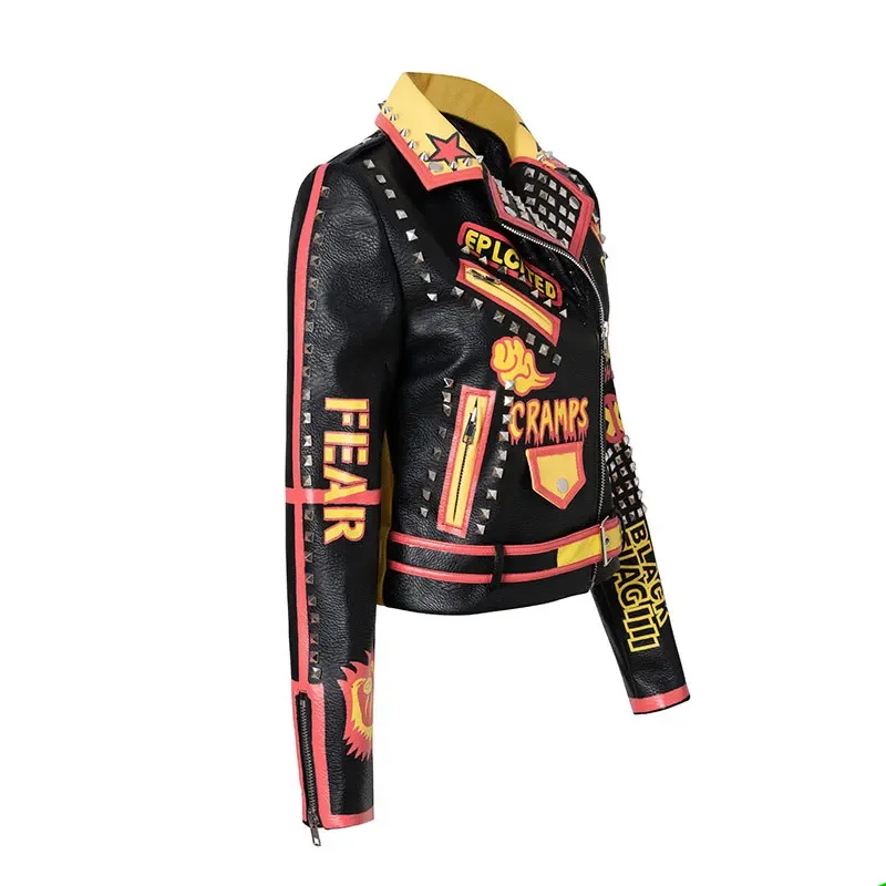 Punk Rivets Cropped Leather Jacket for Women 2024 Trend Streetwear Contrast Color Graffiti Print Faux Leather Motorcycle Jacket