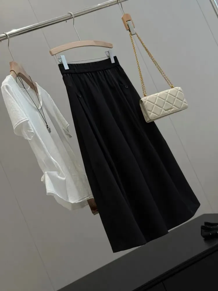 Casual Loose High Waist Elastic Waist Button Pure Color Spring Summer New Style Women's Flower Bud Skirt Half-length Skirt