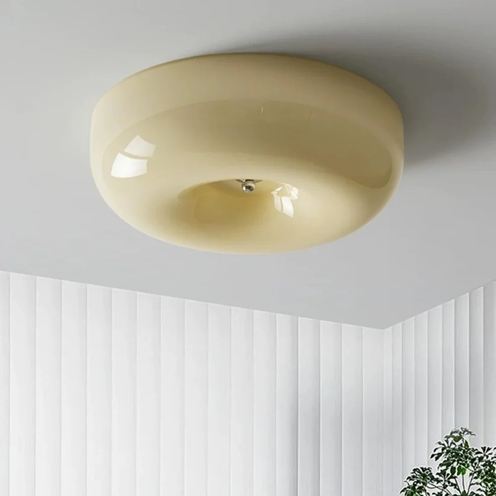 15.7” Beige Glass Flush Mount Ceiling Light Mid Century Modern Vintage Overhead Light for Bathroom Living Dining Room Entryway