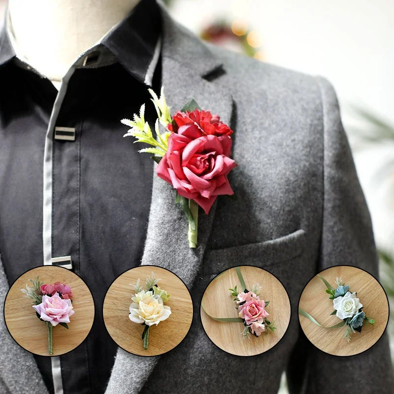 Wedding Corsage Wrist Flower Simulation Silk Cloth Rose Flowers Boutonnieres Lace-Up Wrist Corsage For Bridal Groom Dress Decor