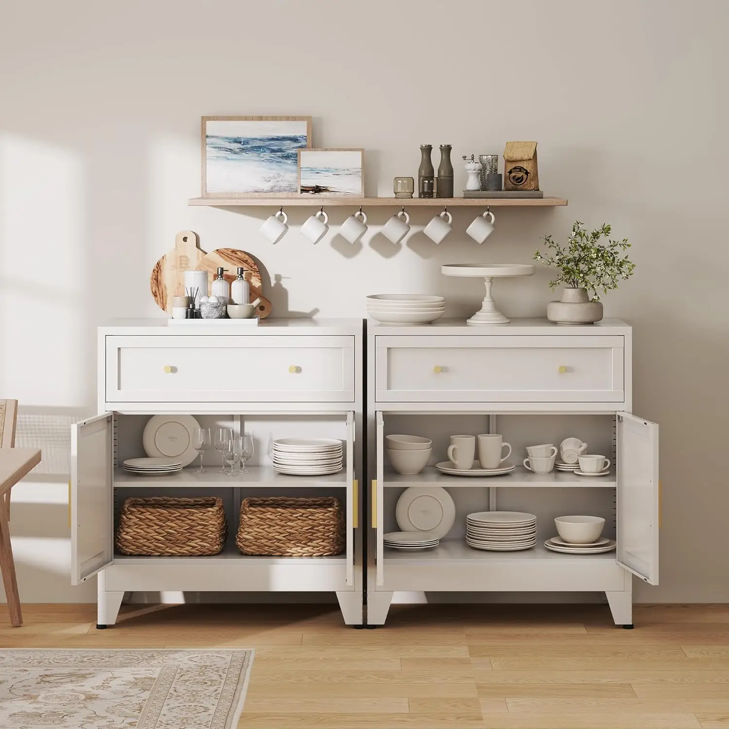 White Metal Buffet Cabinet with Storage for Kitchen or Dining Room