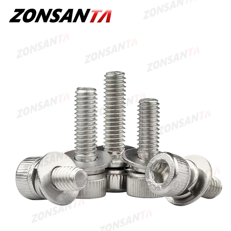 304 Stainless Steel Hex Hexagon Socket Cap Head Sems Screw M2 M2.5 M3 M4 M5 M6 M8 M10 M12 Washer Spring Gasket Assemble Bolt