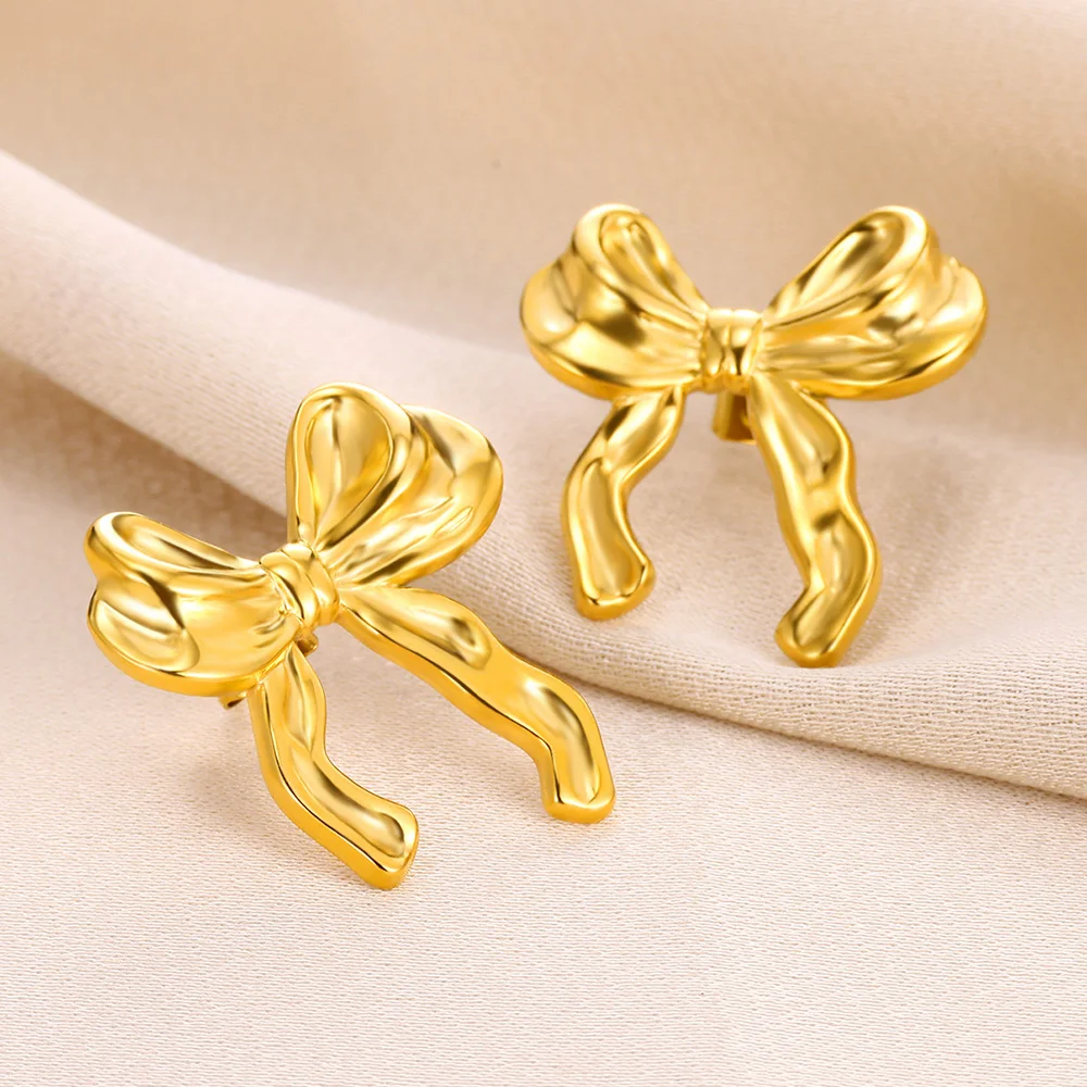 Gold Color Bow Jewelry Set Earrings Bracelets Rings For Women Fashion Cute Stainless Steel Party Wedding Valentine\'s Day Gifts