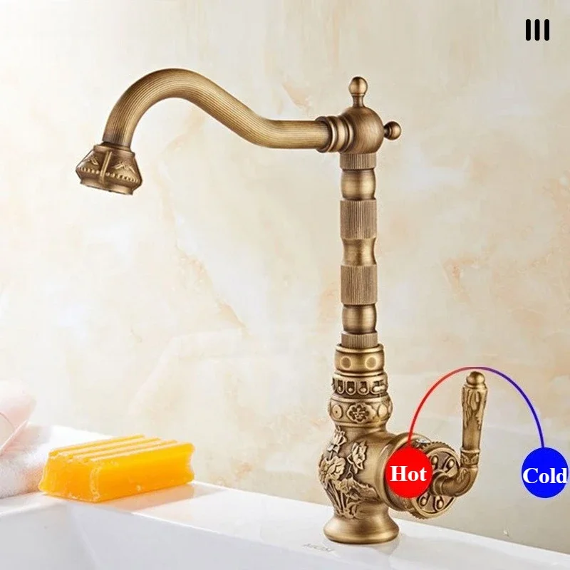 Antique Bronze Luxury Copper Deck Mount Sink Mixer Tap for Bathroom Basin, Hot/Cold Water Vintage Style Carving Design