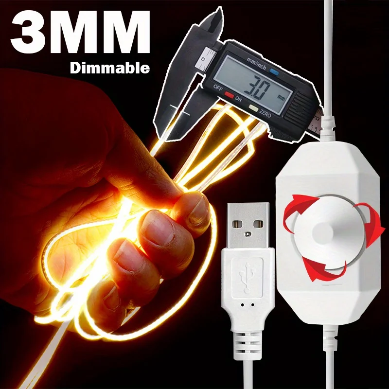 3mm Ultra Thin COB LED Strip Lights With Stepless Dimmer, USB Dimmable Flvexible LED Light,LED Tape Lights For Home Cabinet