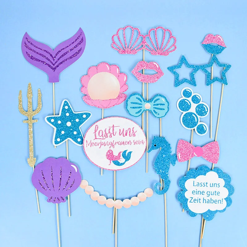 16pcs Mermaid Theme Party Paper Photo Booth Props Scallops Starfish Handheld Photo Props Under The Sea Party Baby Shower Decor