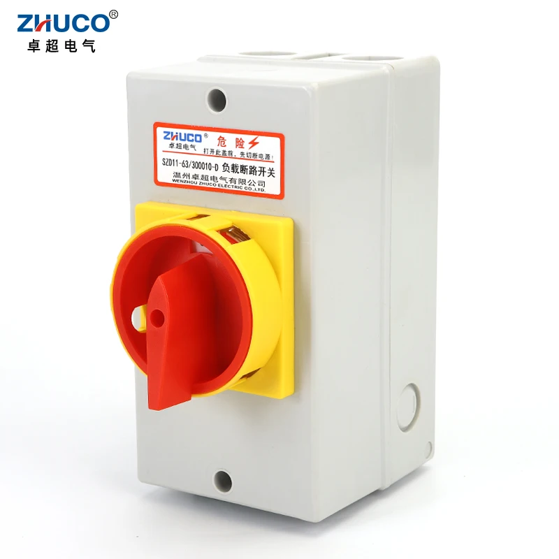 

ZHUCO SZD11-63/300010-D 63A 3 Poles On Off Isolator Load Break Switch With Pad Lock Rotary Cam Switch 3P With Waterproof Box
