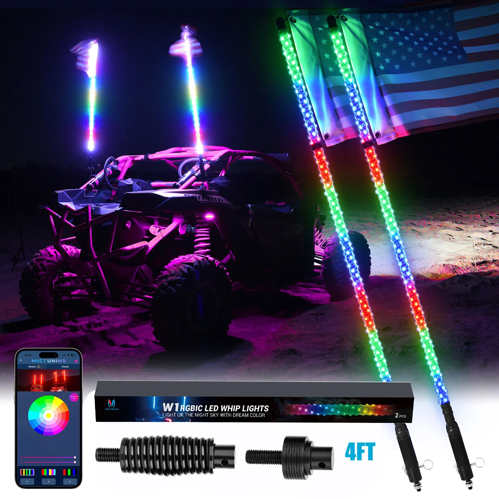 

MICTUNING 2pcs 4FT LED Whip Lights App Control Spiral Bendable RGB+IC Chasing Color Antenna Whips Aluminium Alloy Base for Truck