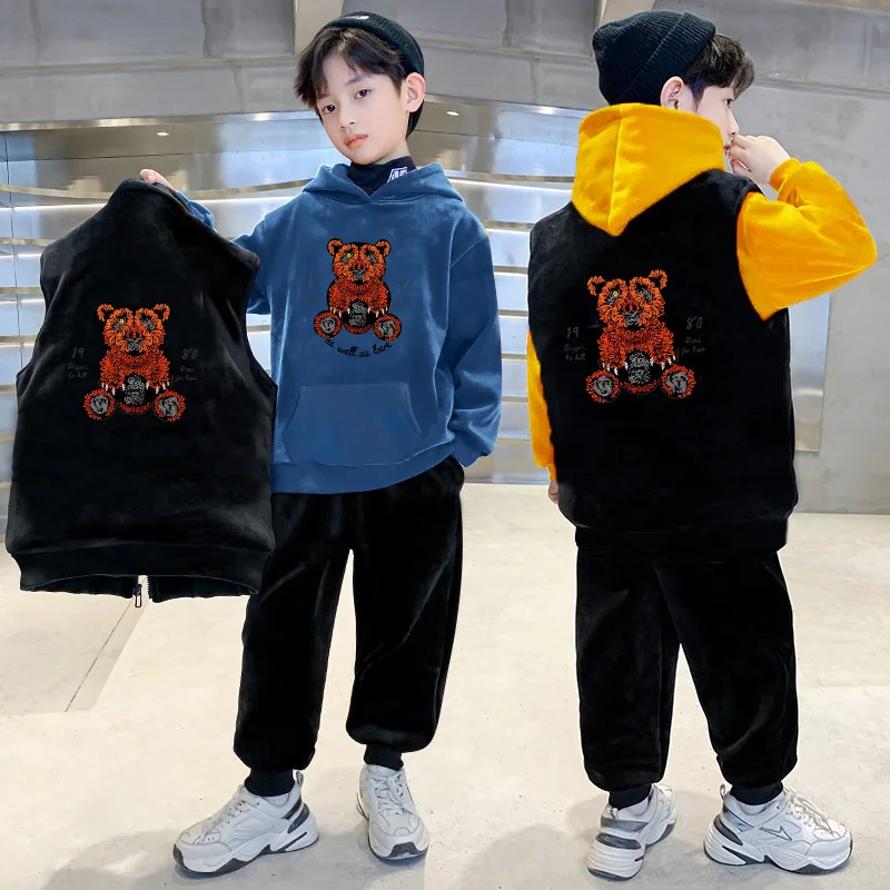 

Winter Boys Warm Full Fleece Zip Waistcoat+Sweatshirt+Sweatpant 3PCS Work Set School Kids Tracksuit Child Jogger Outfit 3-14 Yrs