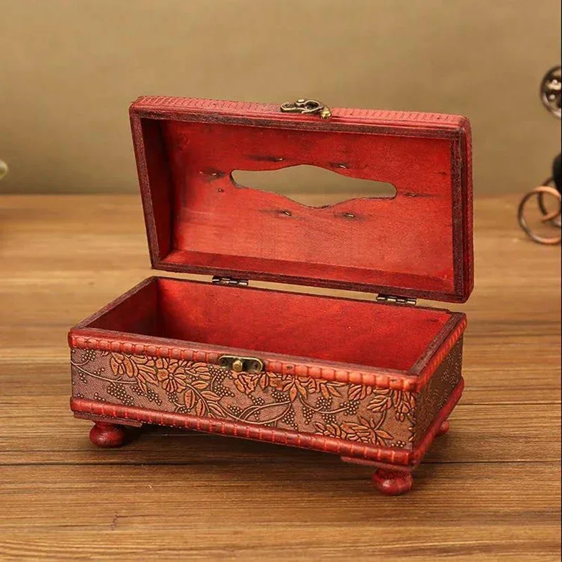 

Wooden tissue box European retro pattern handicraft paper pumping box creative Living Room Decoration Ornaments home decoration