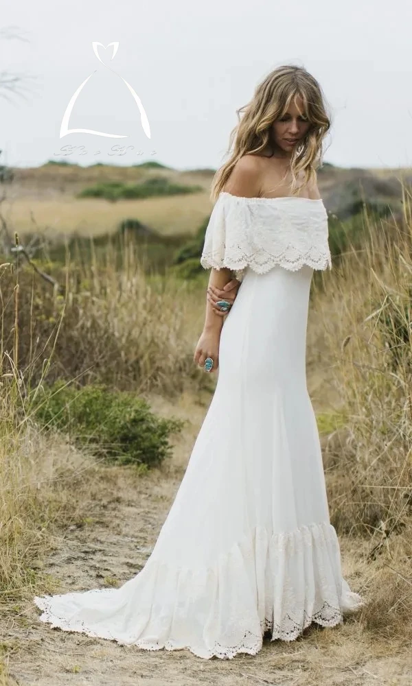 

New Sexy Boho Country Style Wedding Dresses Off the Shoulder Lace Chiffon Bohemian Wedding Gowns Plus Size Bridal Dressess