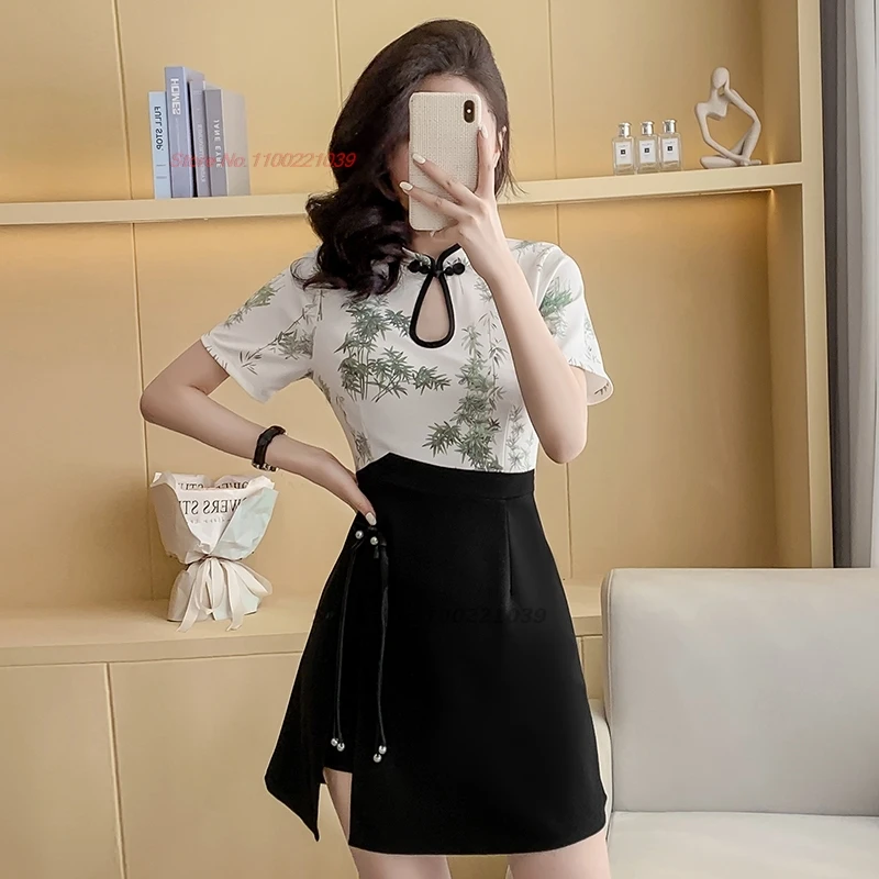 

2025 chinese sexy nightclub dress banquet qipao national flower print patchwork cheongsam dress+shorts set hotel spa work dress