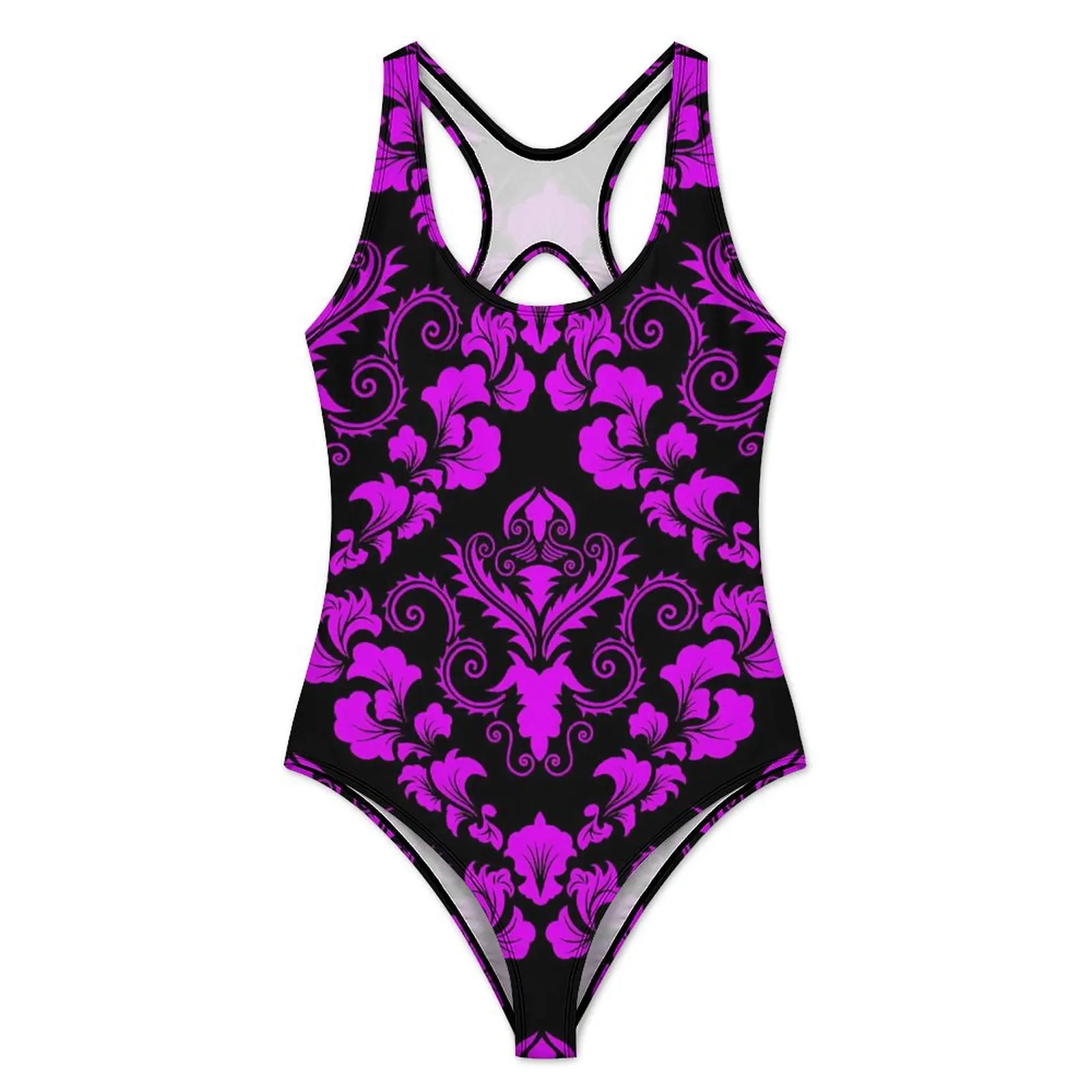 Damask Print Swimsuit Purple Black One-Piece Swimwear Push Up Vintage Bathing Suit Sexy Surfing Custom DIY Bodysuit