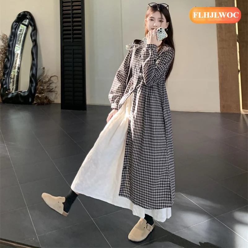 Losse kleding Leuke jurken Outfits Nieuw 2026 Lente Herfst Lange mouw Casual Japanse stijl Meisje Retro Vintage geruite overhemdjurk
