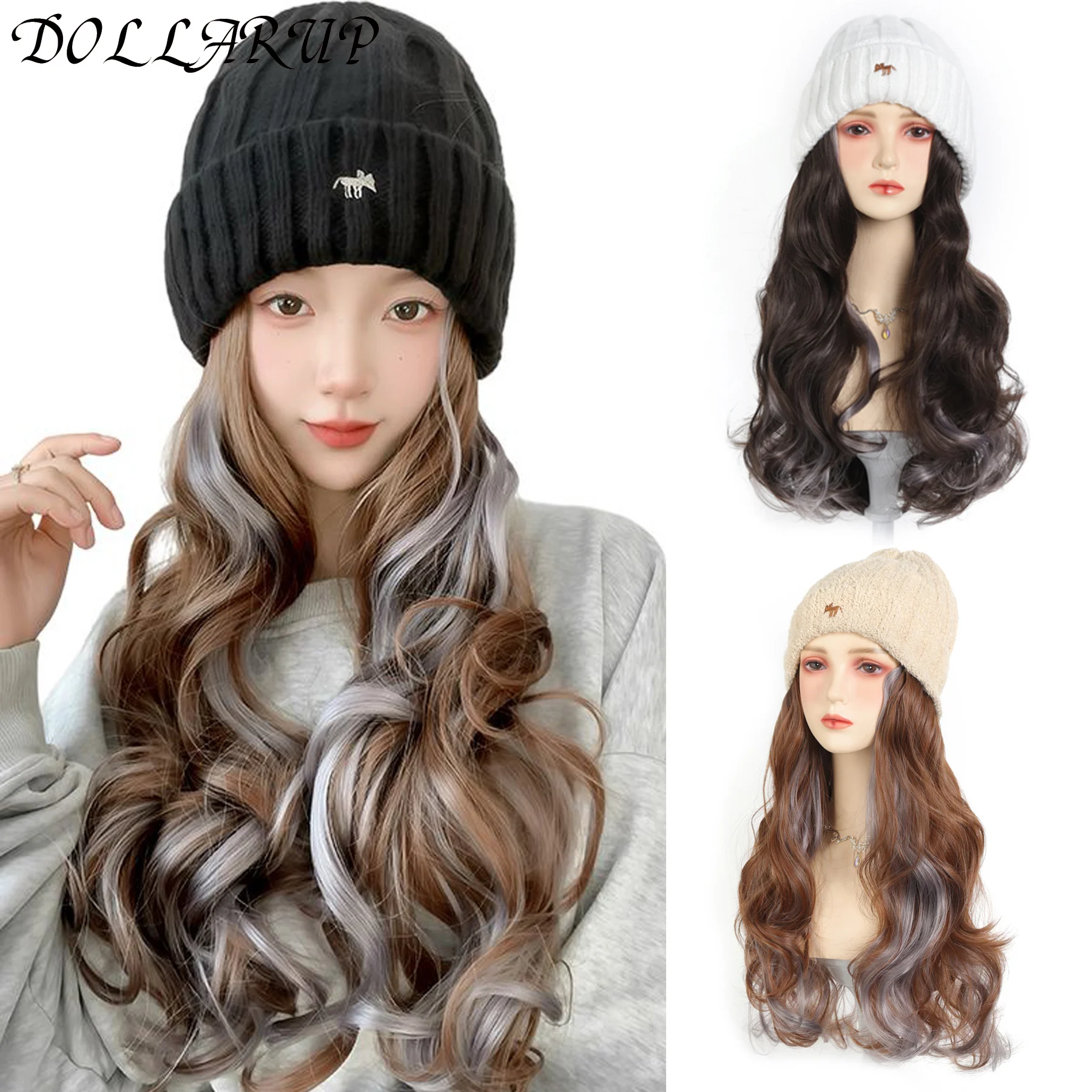 Synthetic Hat Wig Beanies Hat With Hair Wigs For Women Long Wavy Hair Warm Soft Ski Knitted Autumn Winter Cap Heat Resistant