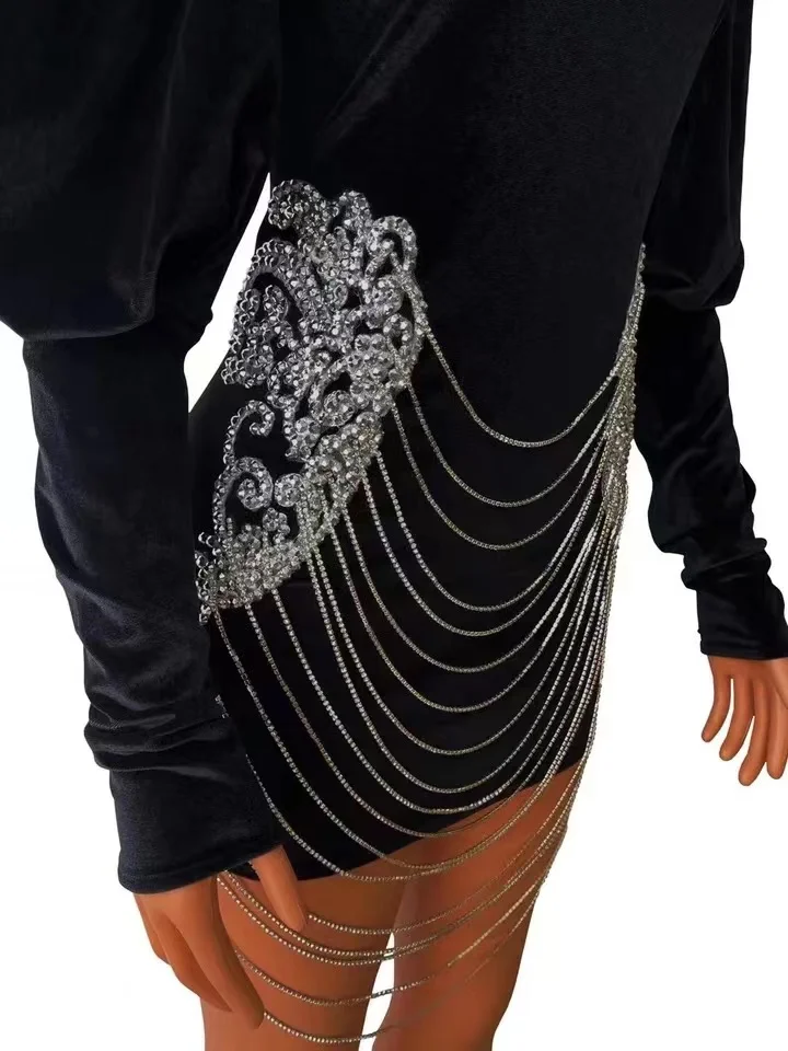 Women Turtleneck Luxury Summer Clothing Sparkle Crystal Diamond Short Dress Elegant Beaded Club Wear Black Gown