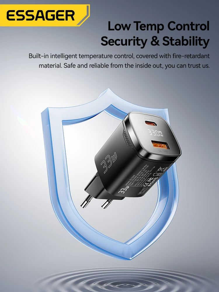 Essager 33 واط GaN شاحن USB شحن سريع PD3.0 شاشة ديجيتال USB نوع-C شاحن آيفون شاومي سامسونج هواوي شاحن الهاتف